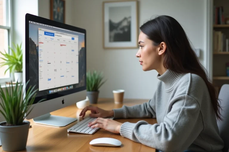 Femme consultant Google Agenda sur un iMac avec les numéros de semaine affichés dans un bureau à domicile moderne