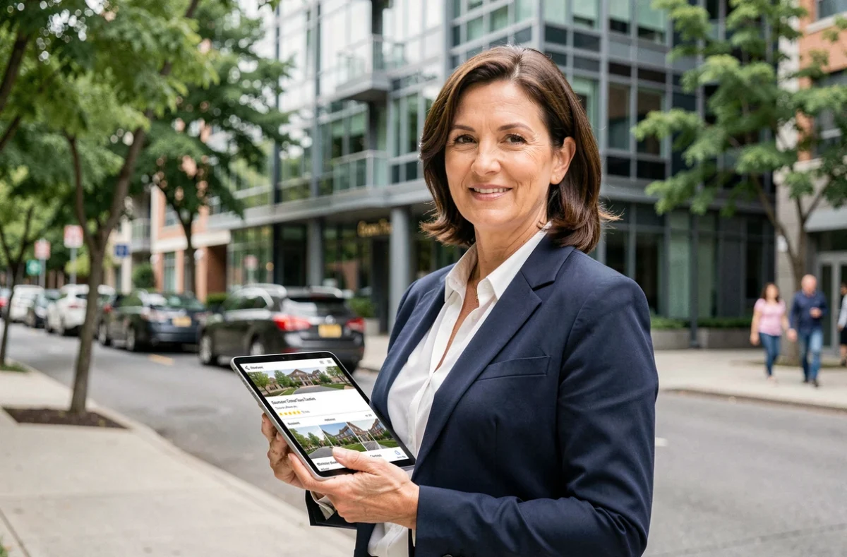 Agente immobilière devant un immeuble moderne tenant une tablette avec des annonces immobilières en 2024