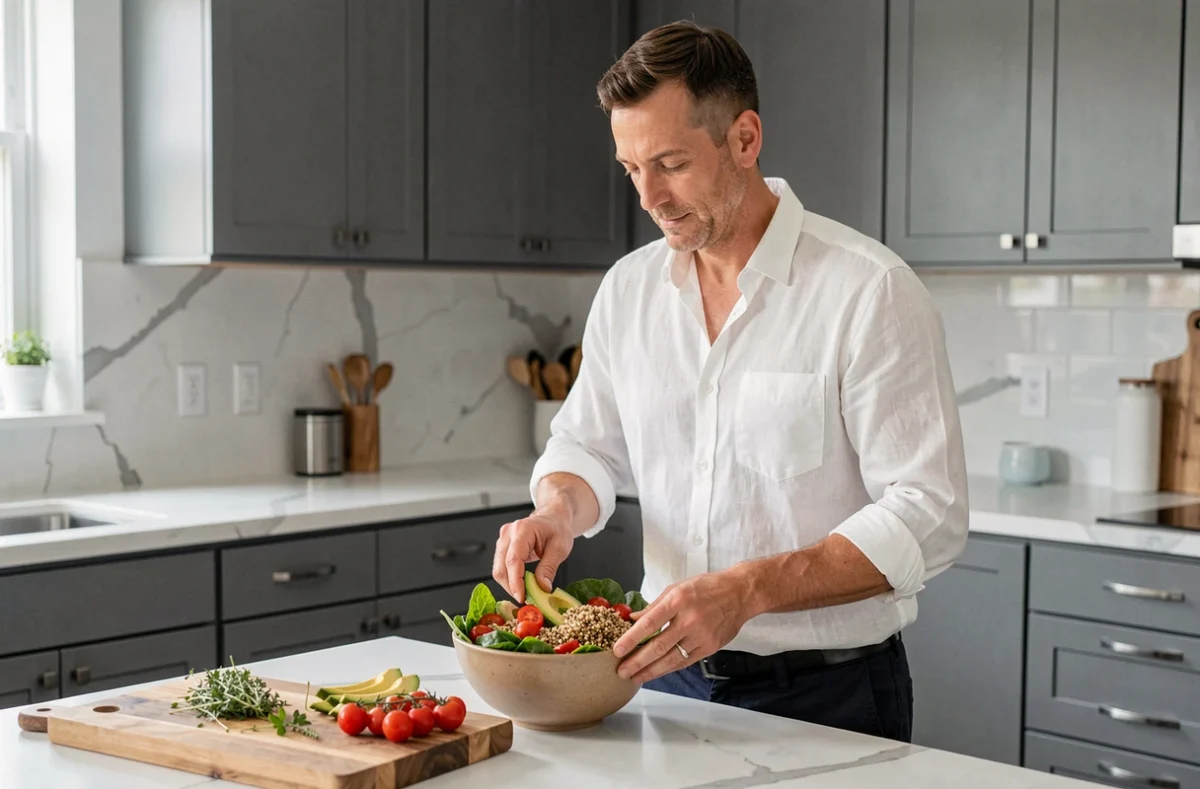 Homme préparant un bol de salade équilibrée dans une cuisine moderne, illustrant une alimentation saine au quotidien