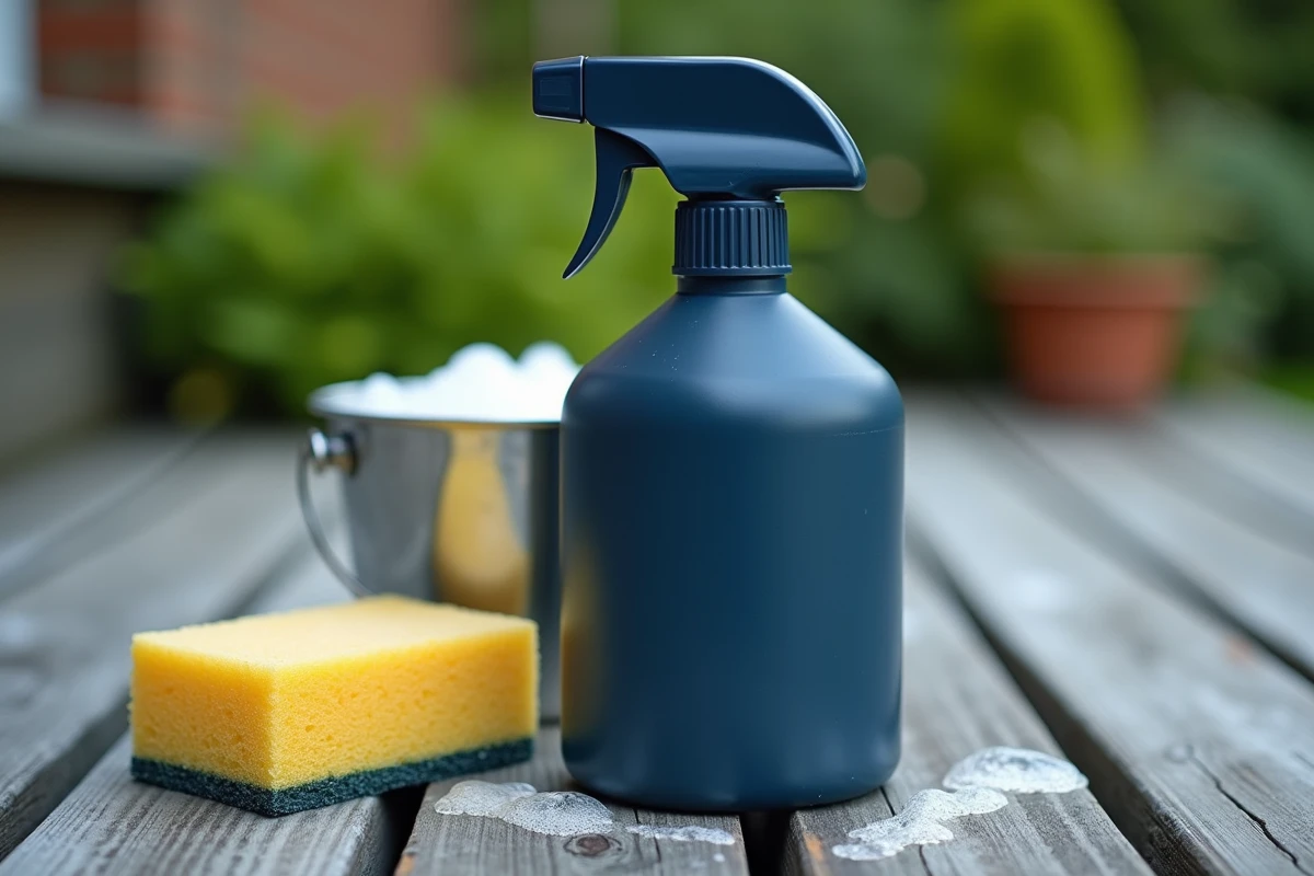 Flacon de nettoyant polyvalent Anova Bois N100 posé sur une terrasse en bois grisé avec une éponge et un seau d'eau savonneuse