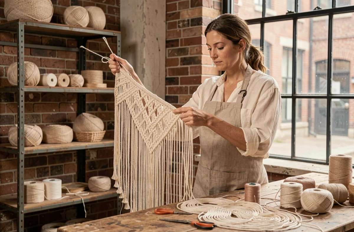 Artisane en tablier de lin confectionnant un macramé mural dans un atelier avec murs en briques apparentes