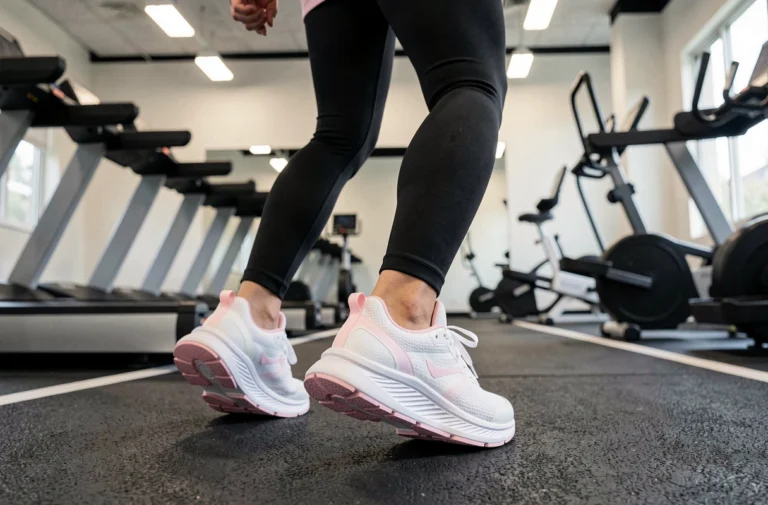 Femme portant des baskets fitness blanches avec amorti épais lors d'un entraînement sur piste intérieure
