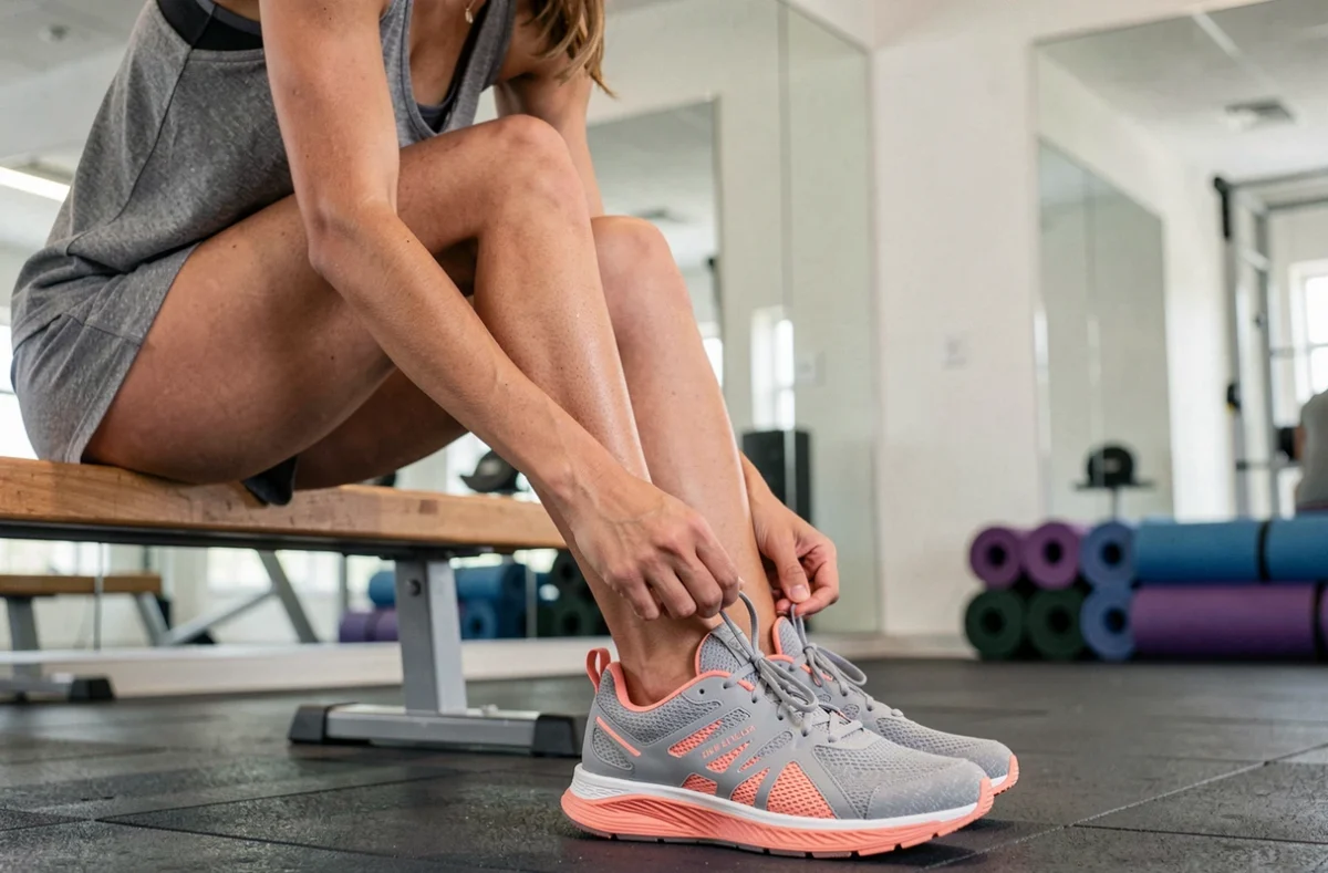 Femme attachant ses baskets de fitness rembourrées sur un banc de salle de sport avant l'entraînement