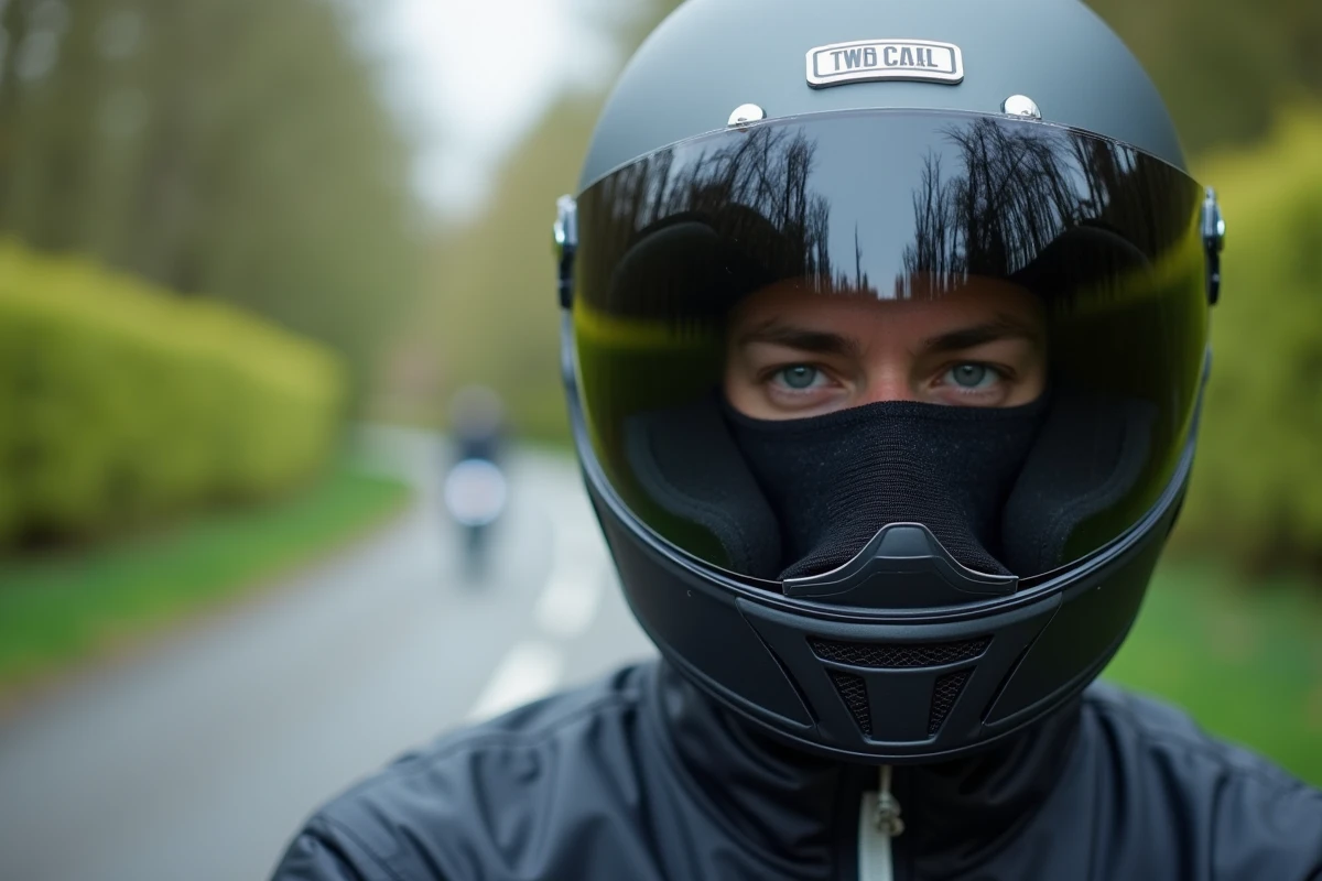 Gros plan sur le casque intégral d'un motard avec tour de cou technique, solution légale pour se protéger du froid à moto