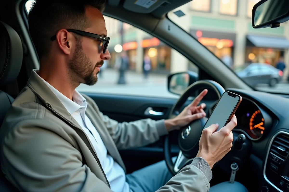 Chauffeur Uber vérifiant l'application de covoiturage sur son téléphone monté dans un véhicule stationné en ville