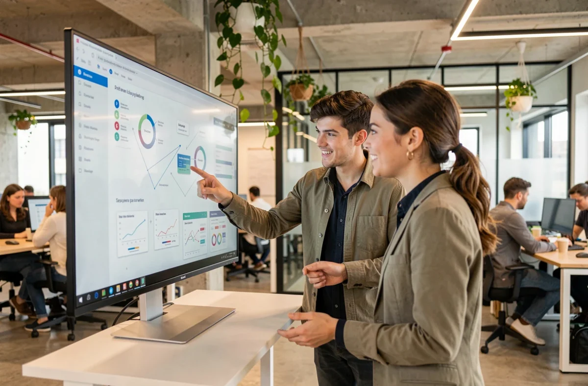 Deux collègues discutant d'innovations informatiques devant un écran tactile dans un espace de travail moderne