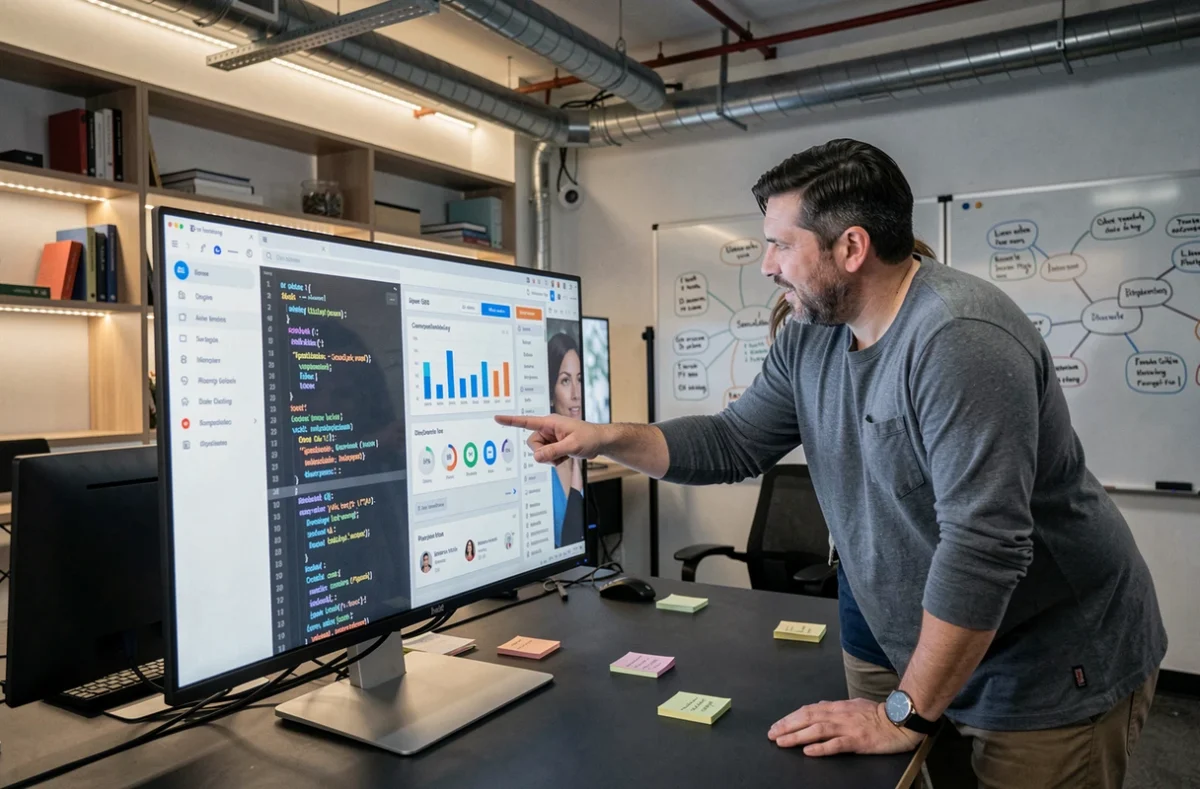 Deux collègues analysant des outils digitaux et tendances web sur un grand écran dans un bureau de startup