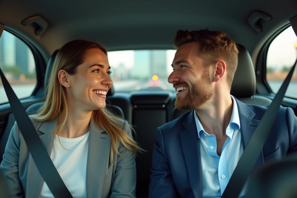 Deux collègues partageant un trajet de covoiturage Uber ensemble dans une voiture avec vue sur la ville