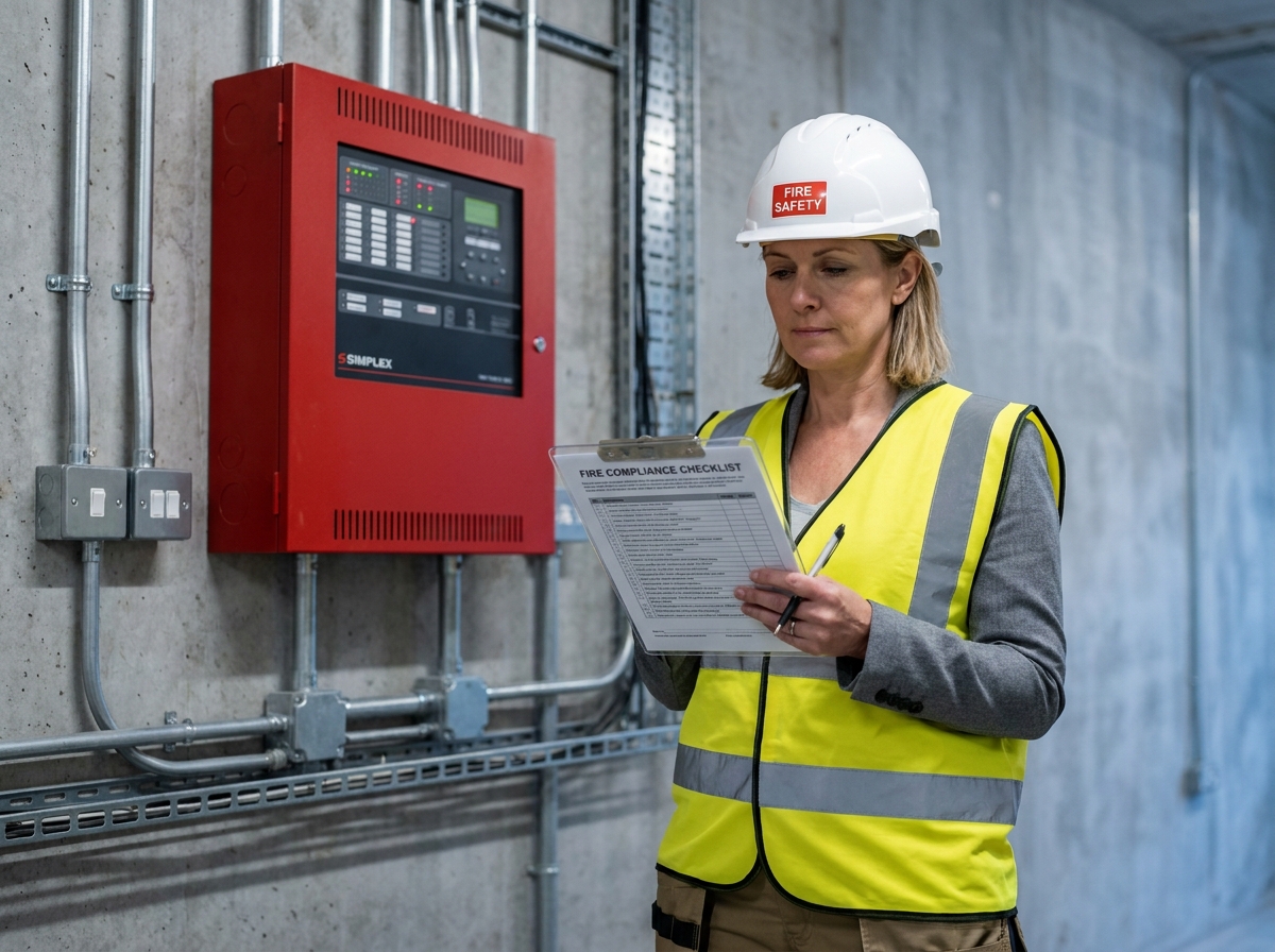 Consultante en sécurité incendie vérifiant une liste de conformité devant un tableau d'alarme incendie industriel
