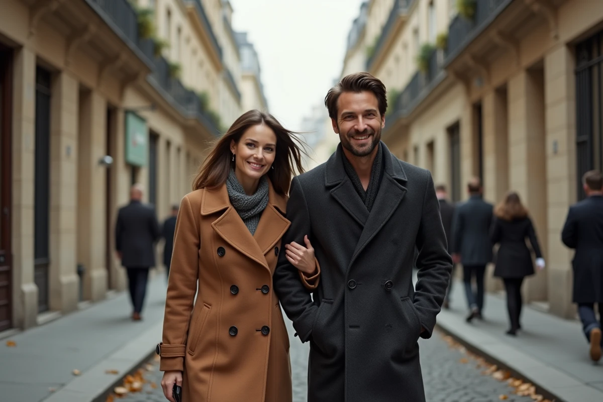 Couple discret et élégant se promenant dans une rue parisienne en automne, ambiance intimiste et naturelle