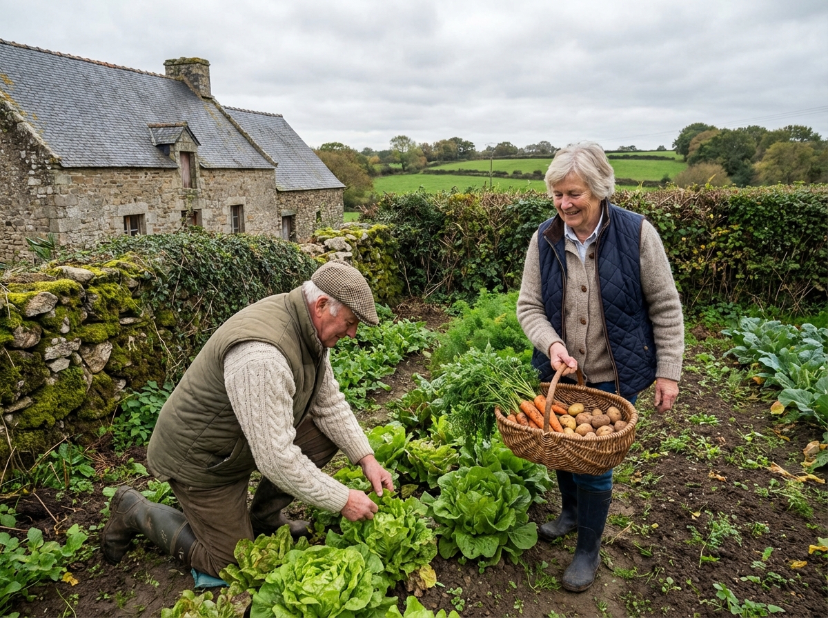 Couple âgé dans un jardin breton avec légumes