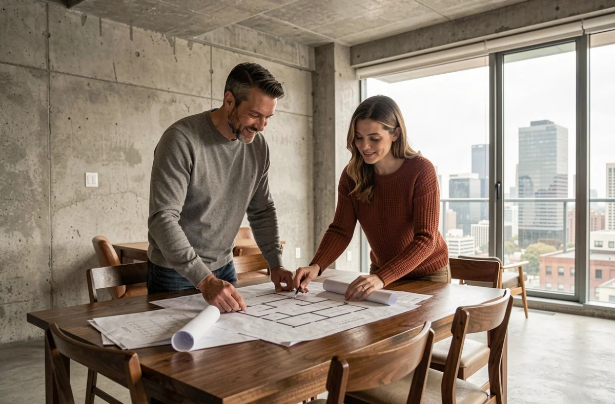 Couple examinant des plans et documents immobiliers dans un appartement rénové avec vue sur la ville