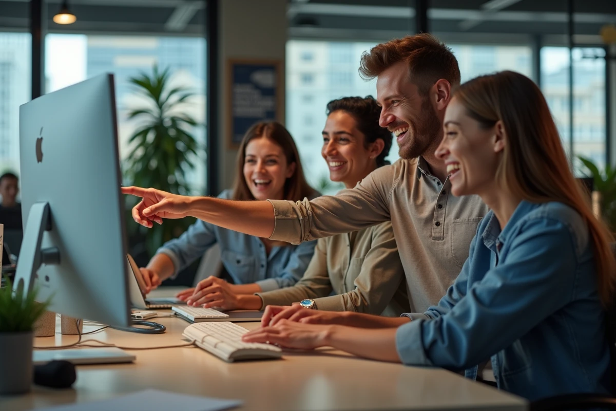 Groupe de coworkers discutant autour d un ordinateur en bureau moderne