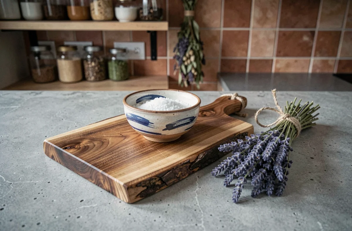 Planche à découper en bois brut, bol en grès peint à la main et lavande séchée sur plan de travail en béton dans une cuisine artisanale