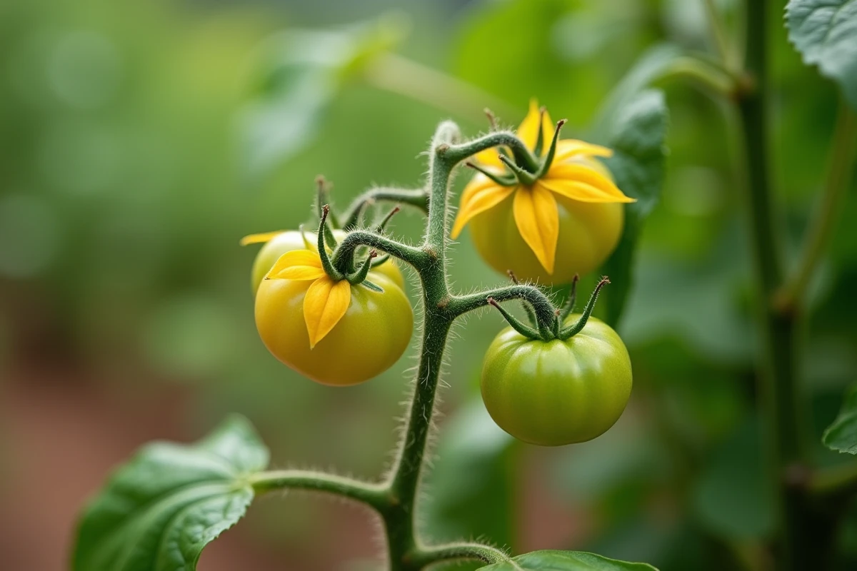Branche de plant de tomate montrant simultanément les boutons floraux, les fleurs jaunes ouvertes et les premiers fruits verts en formation
