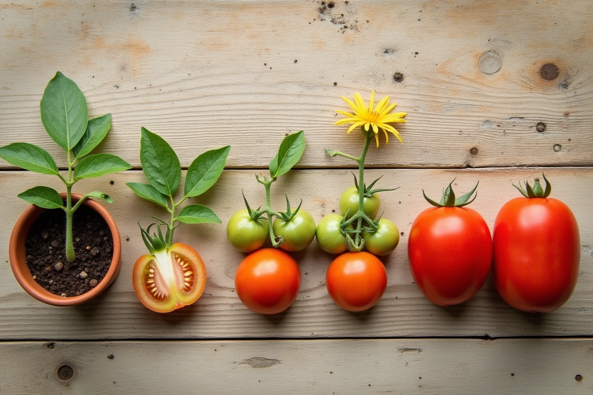 Vue de dessus illustrant toutes les étapes du cycle de vie de la tomate, du semis à la récolte, disposées sur une table en bois