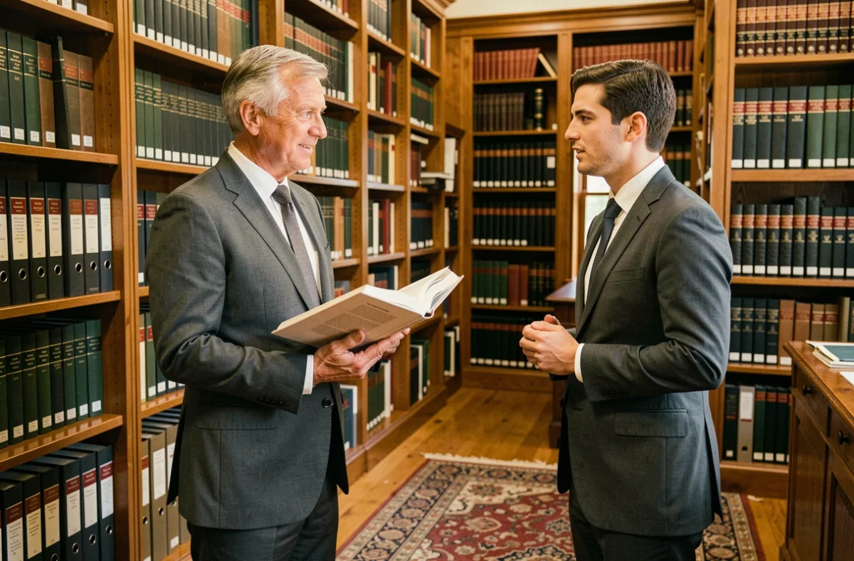 Deux décideurs d'entreprise consultant des ouvrages juridiques dans une bibliothèque de droit professionnelle