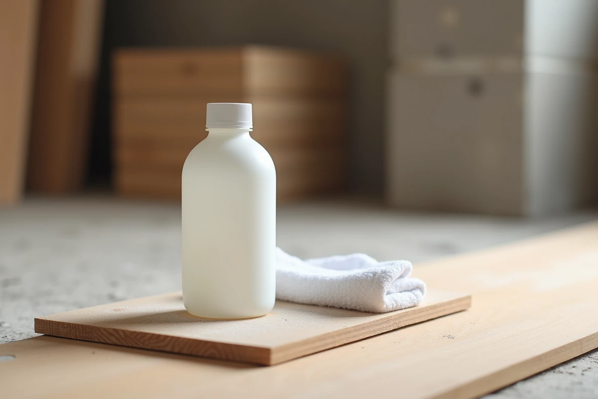 Flacon de dégraissant bois avant finition Blanchon posé sur un panneau de parquet poncé dans un atelier de pose, avec un chiffon blanc et une feuille de papier abrasif