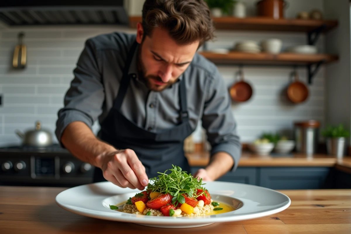 Chef amateur dressant une assiette colorée avec des légumes rôtis et des herbes fraîches dans une cuisine moderne