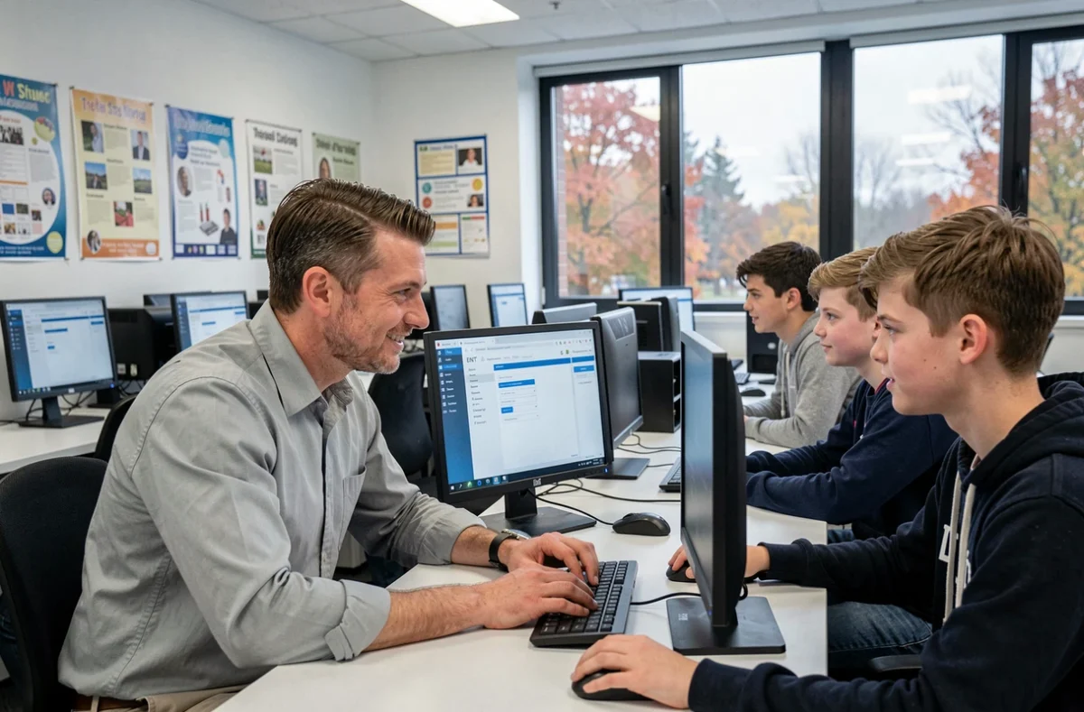Enseignant aidant des élèves à activer leur compte ENT dans une salle informatique scolaire
