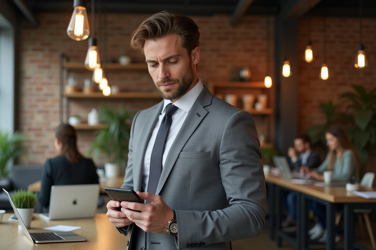 Entrepreneur en espace de coworking consultant une offre professionnelle sur smartphone et tablette