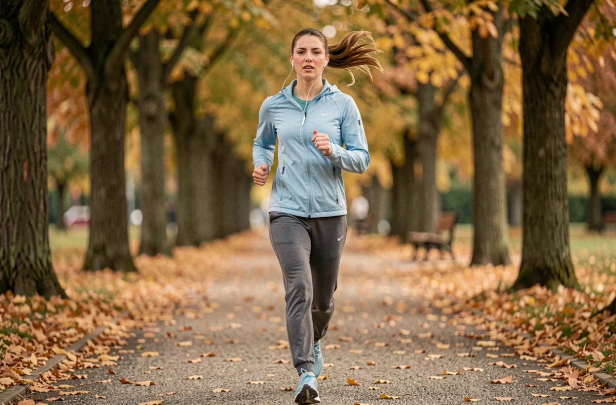 Femme faisant du jogging dans un parc urbain en automne, prenant soin de sa santé grâce à l'exercice physique régulier