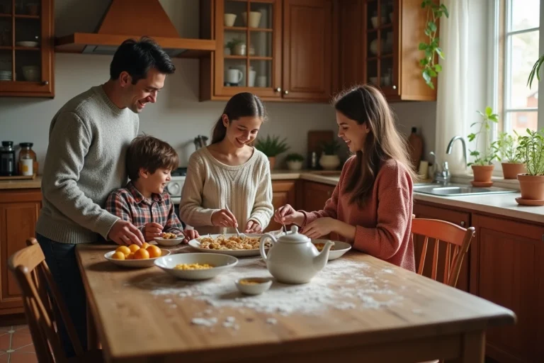 Famille réunie autour de la table de cuisine pour préparer le petit-déjeuner ensemble, renforçant les liens familiaux au quotidien