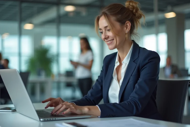 Femme d'affaires professionnelle analysant des données sur ordinateur portable dans un bureau moderne