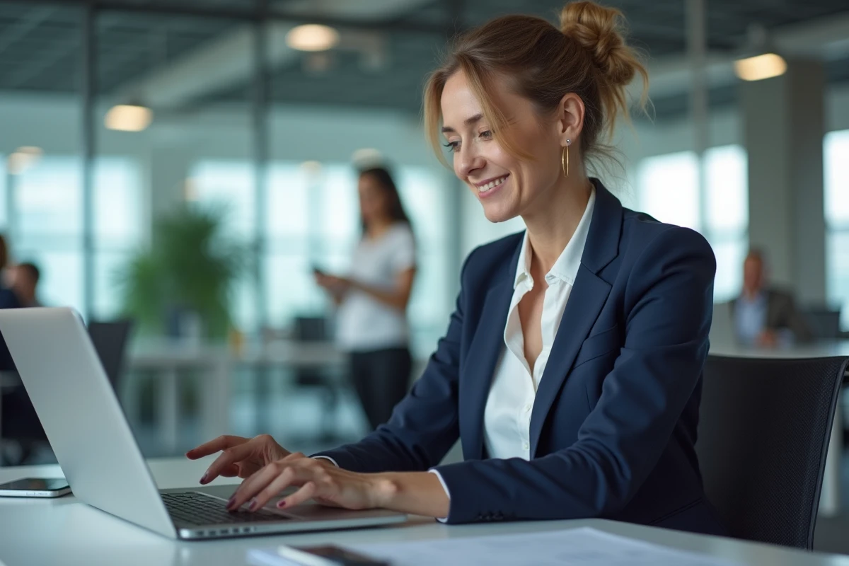 Femme d'affaires professionnelle analysant des données sur ordinateur portable dans un bureau moderne