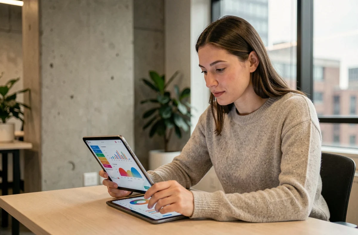 Femme professionnelle consultant des tableaux de bord numériques sur une tablette dans un bureau moderne tendance