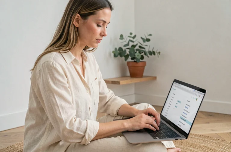 Femme consultant une page sitemap sur un site bien-être depuis son ordinateur portable dans un espace minimaliste et apaisant