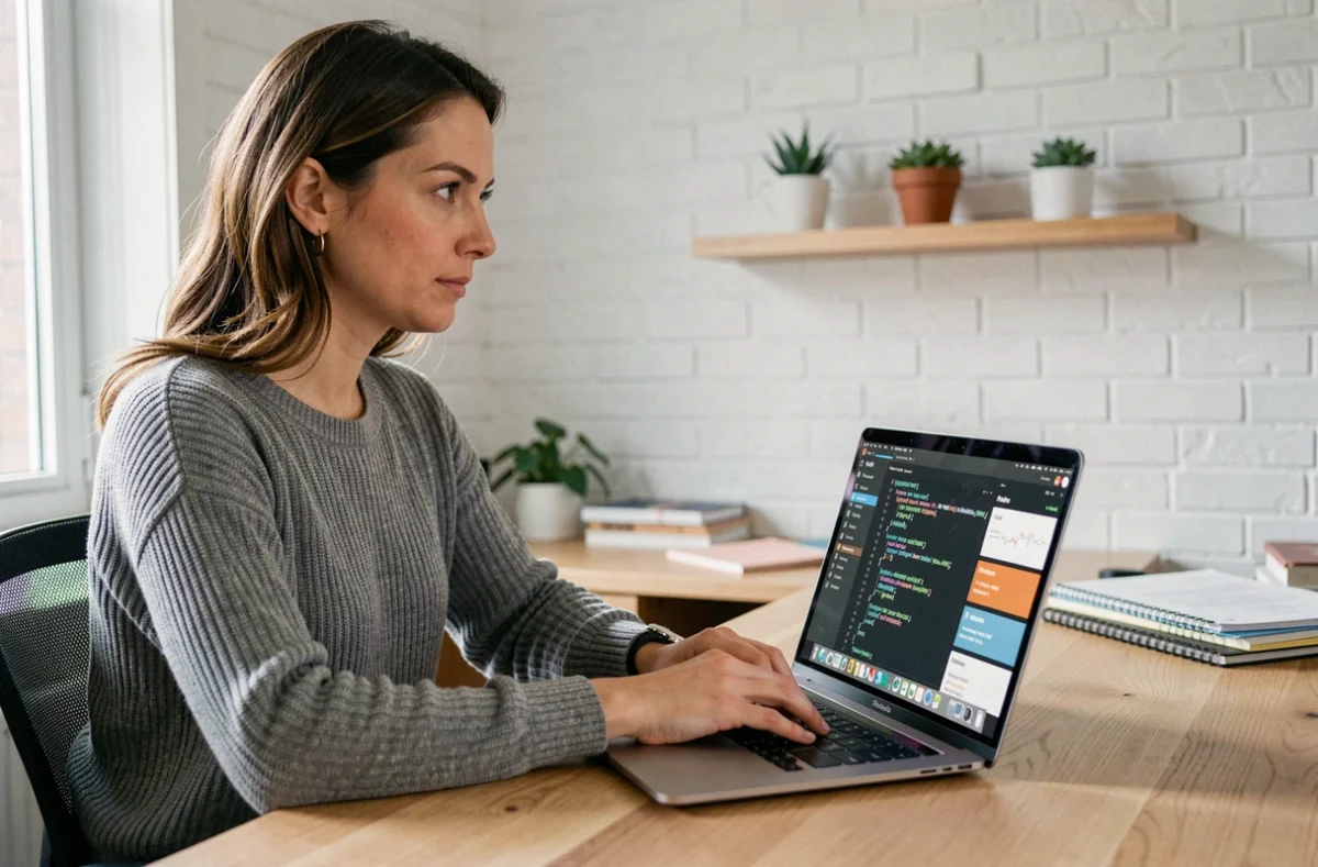 Femme développeuse travaillant sur un ordinateur portable avec du code affiché, dans un bureau moderne et lumineux