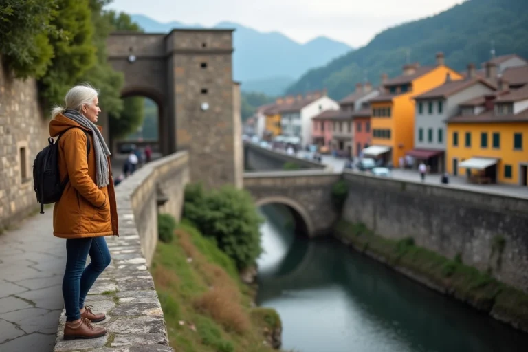 Femme voyageuse regardant les maisons colorées de Hondarribia