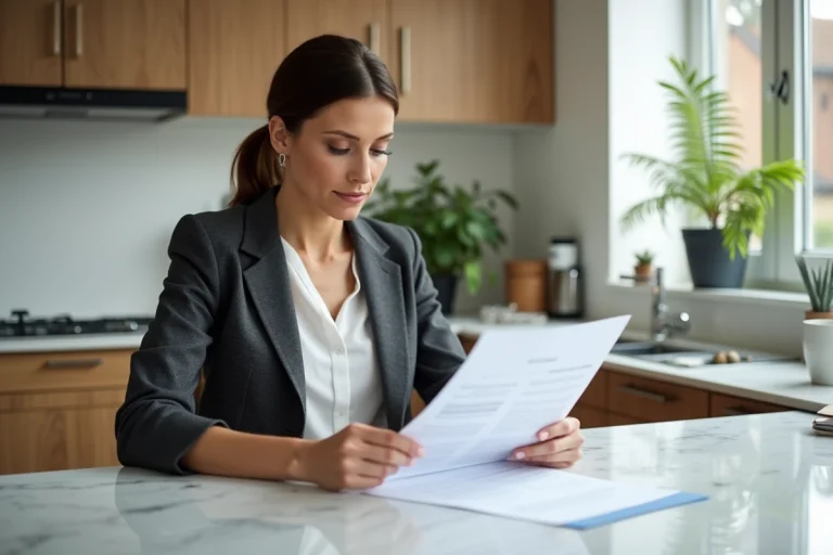 Femme professionnelle examinant des documents immobiliers dans une cuisine lumineuse