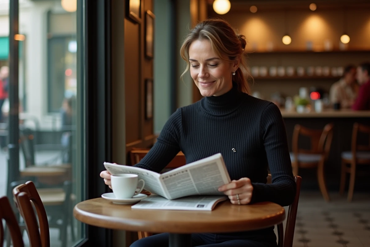 Femme élégante lisant un journal seule dans un café parisien, atmosphère intime et vie privée préservée