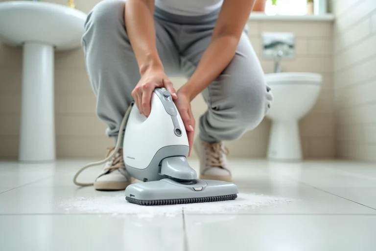 Femme utilisant un nettoyeur vapeur Silvercrest Lidl sur carrelage de salle de bain