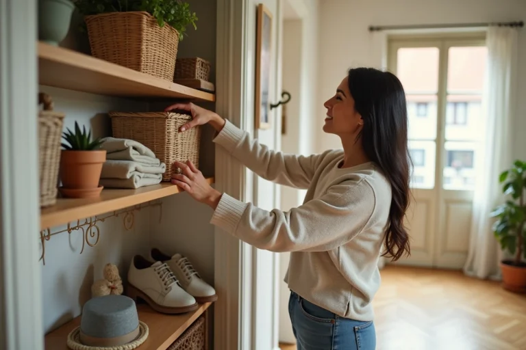 Femme arrangeant un panier dans une entrée chaleureuse