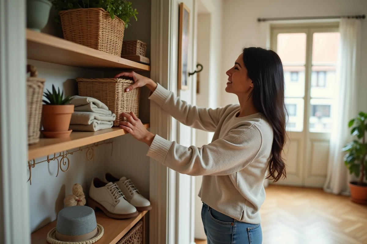 Femme arrangeant un panier dans une entrée chaleureuse