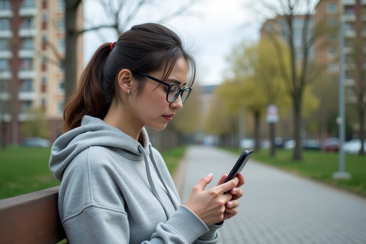 Jeune femme en hoodie regardant son smartphone dans un parc urbain