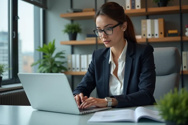 Femme professionnelle travaillant sur un tableau de paie en bureau moderne