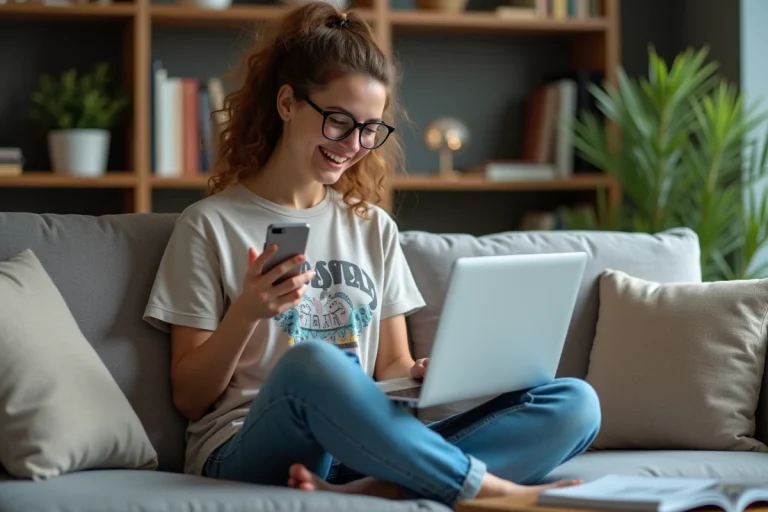 Jeune femme souriante sur un sofa avec ordinateur portable