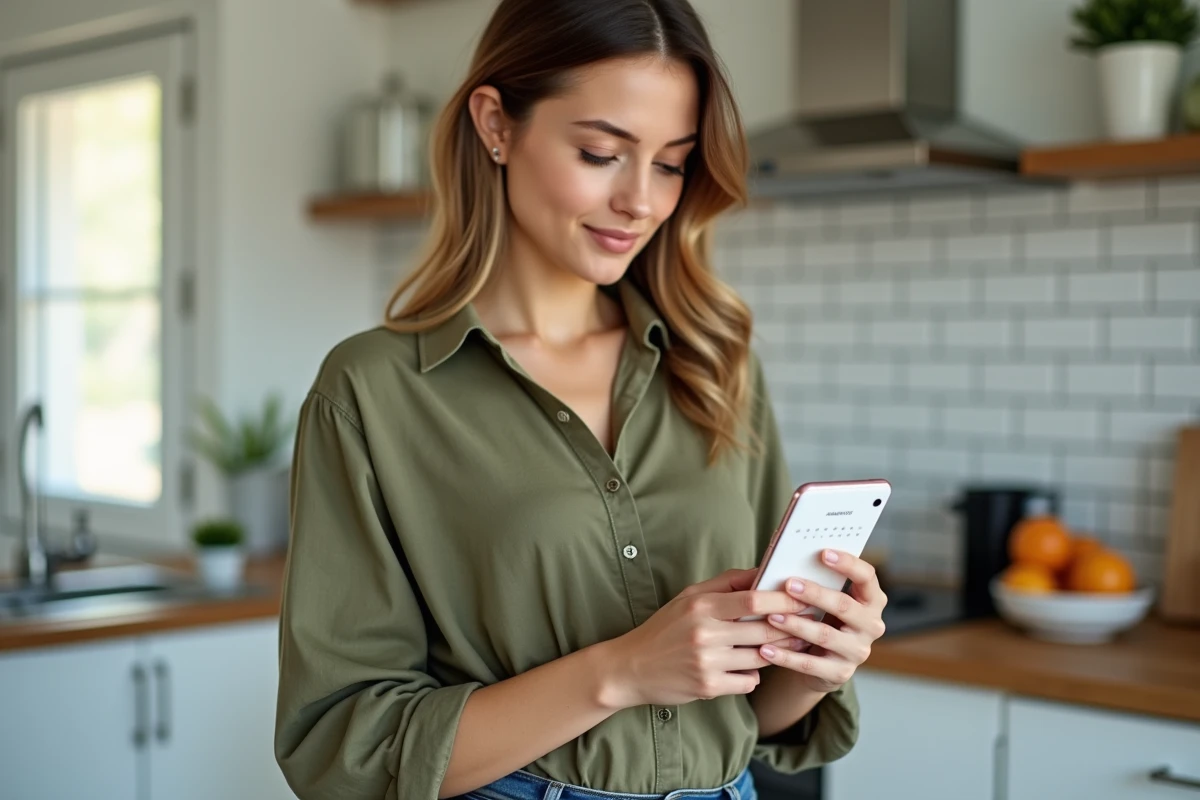 Femme consultant Google Agenda sur smartphone Android avec les numéros de semaine affichés dans une cuisine moderne