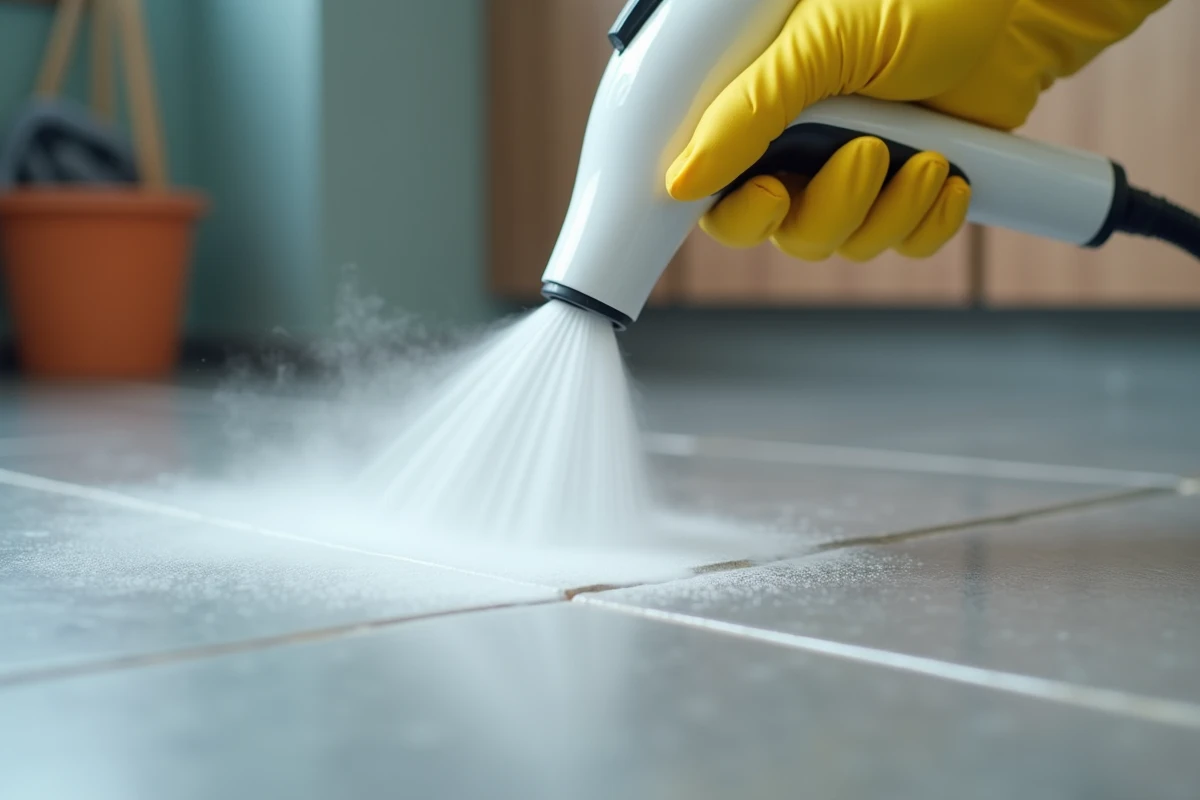 Gros plan du nettoyeur vapeur Silvercrest Lidl nettoyant les joints de carrelage de cuisine