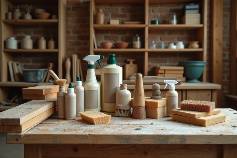 Vue d'ensemble d'un établi d'atelier avec divers nettoyants pour bois, brosses et éponges disposés sur une surface en bois usé