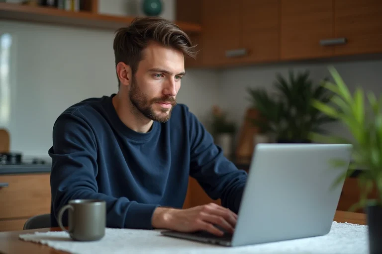 Homme en jean et sweat bleu utilisant un ordinateur portable