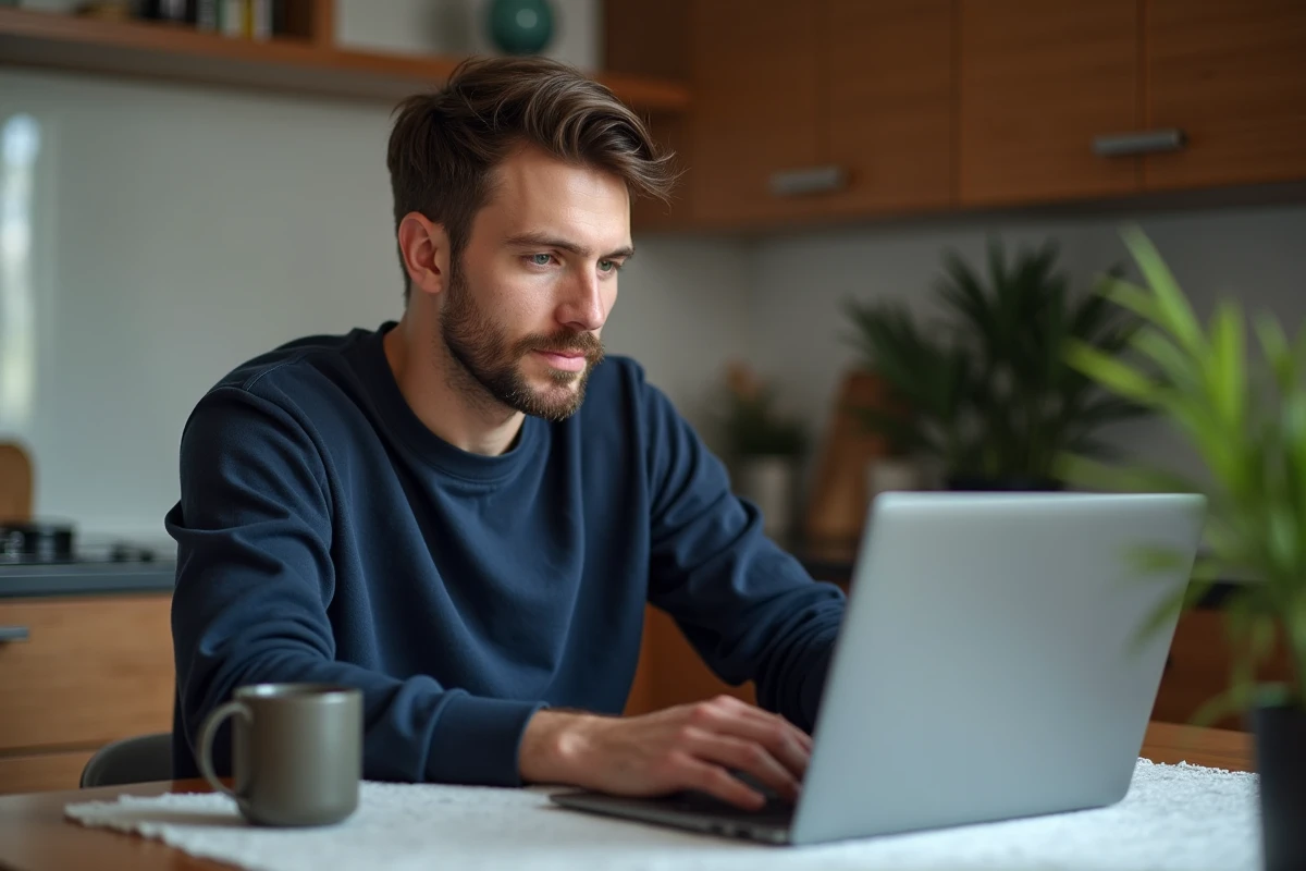 Homme en jean et sweat bleu utilisant un ordinateur portable
