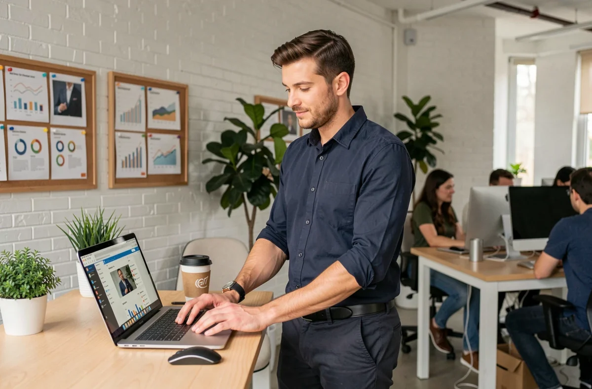 Homme travaillant sur un laptop dans un espace de coworking moderne entouré d'outils numériques tendance