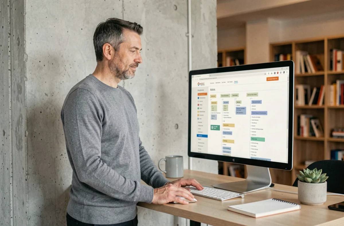 Homme debout à son bureau consultant la structure de navigation d'un site bien-être sur un grand écran