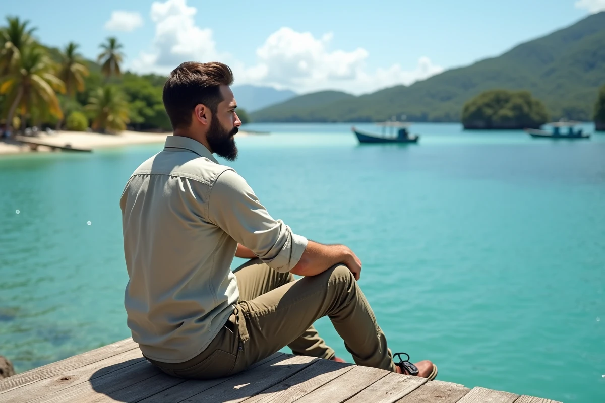 Homme barbu regardant la mer dans un paysage tropical