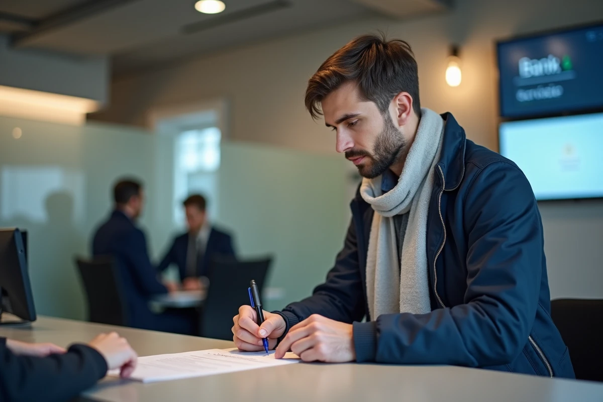 Jeune homme remplissant un formulaire dans une banque